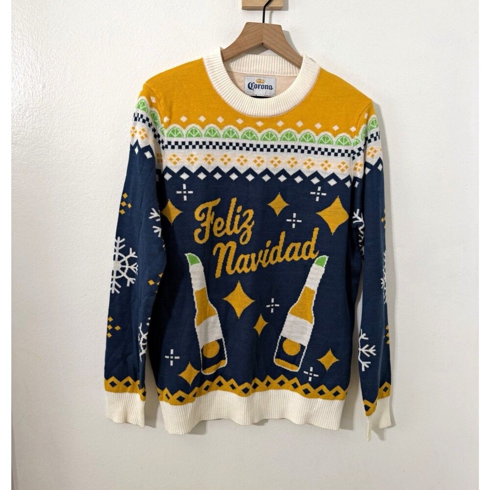 Corona Men’s Feliz Navidad Graphic Crewneck Pullover Sweater M Ugly Christmas